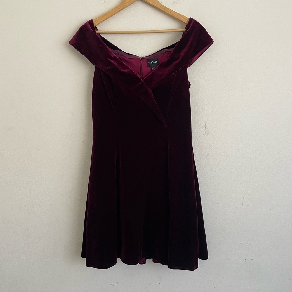 Xscape Velvet Wine Off-Shoulder Mini Dress - Picture 3 of 8